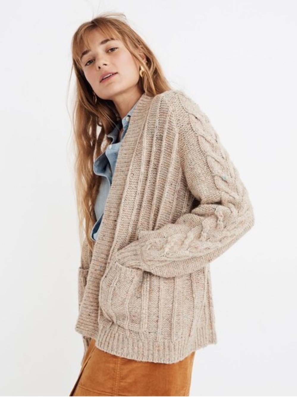 Madewell Bubble-Sleeve Cableknit Cardigan Sweater Donegal Funfetti